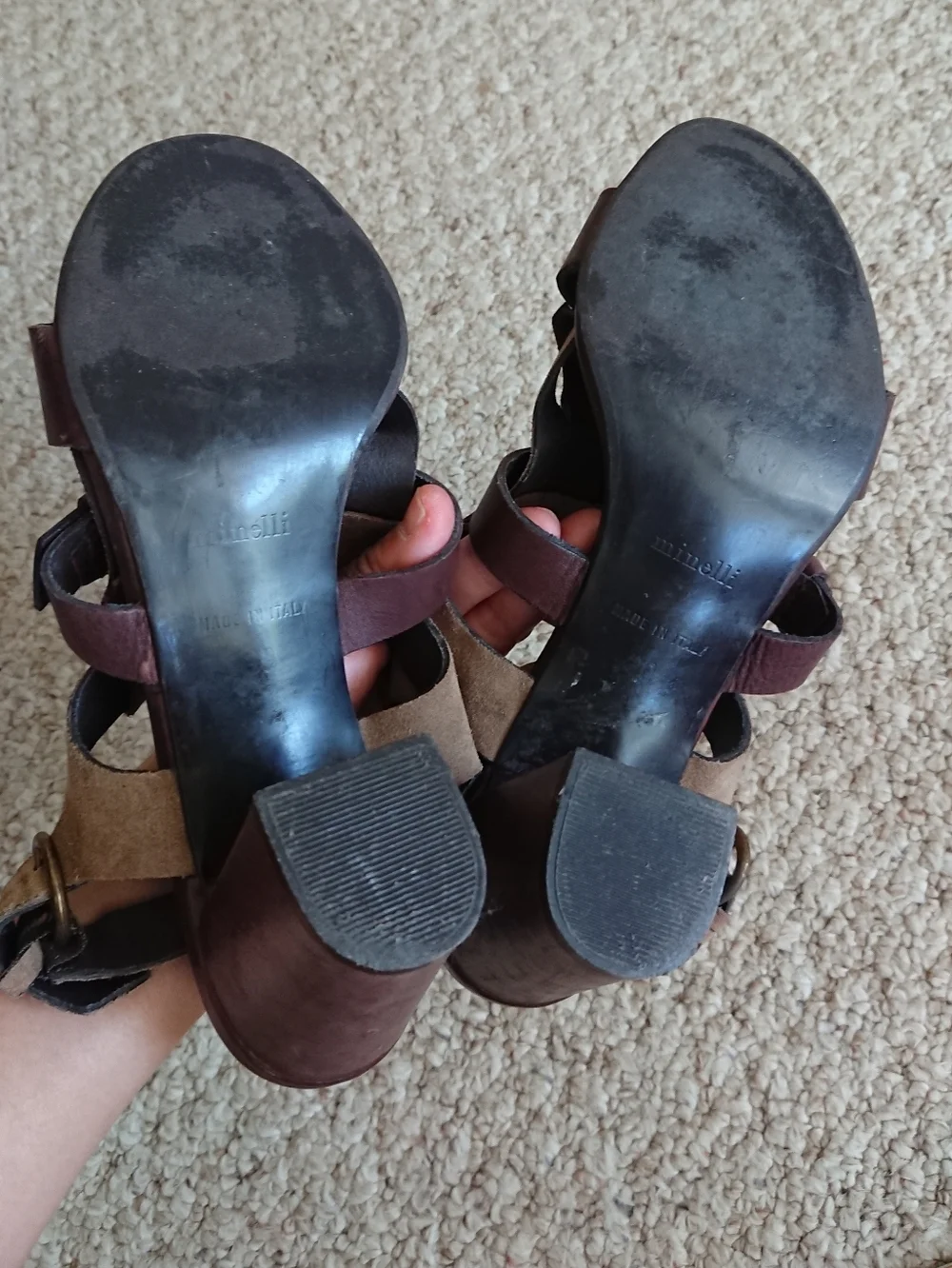MINELLI Brown Leather with Suede fringe strap Block Heel Sandals size 8